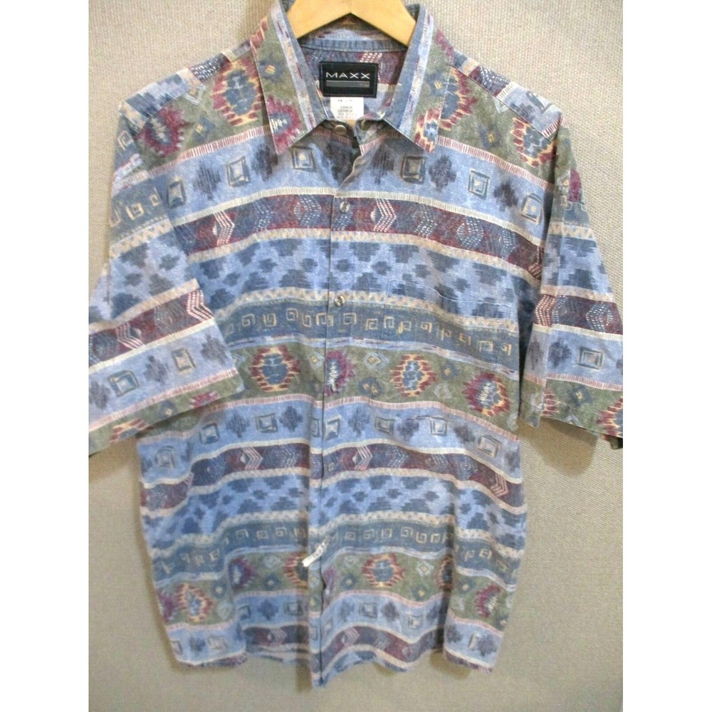 VTG 80's MAXX FM Southwestern Print Club Shirt Size Large Round Cut Tails